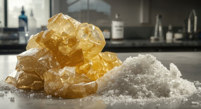 Chemical ingredients microcrystalline wax and potassium chloride arranged in lab