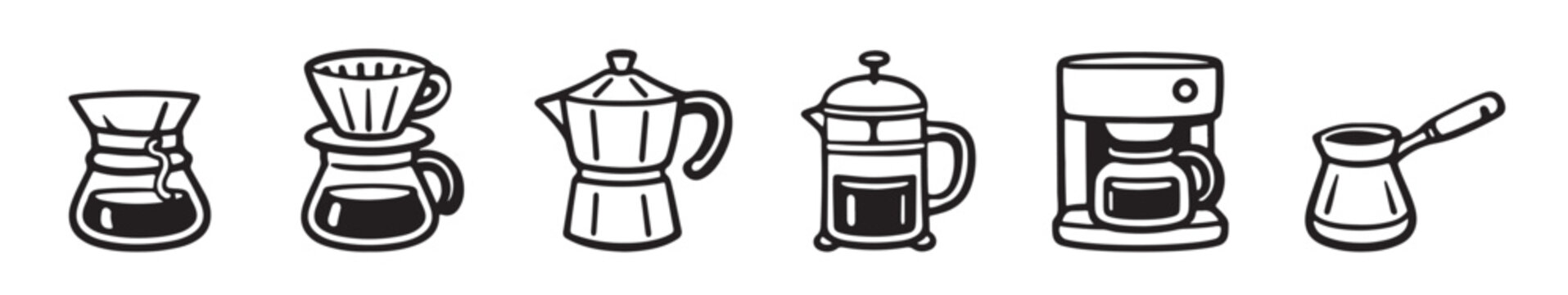 Set of hand-drawn minimalist icons for coffee brewing methods: moka pot, french press, pour over, drip maker, and cezve. Vector illustration.