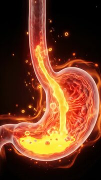Stomach and esophagus with acid rising from stomach in medical visualization. Concept of acid reflux and digestive health. Vertical video