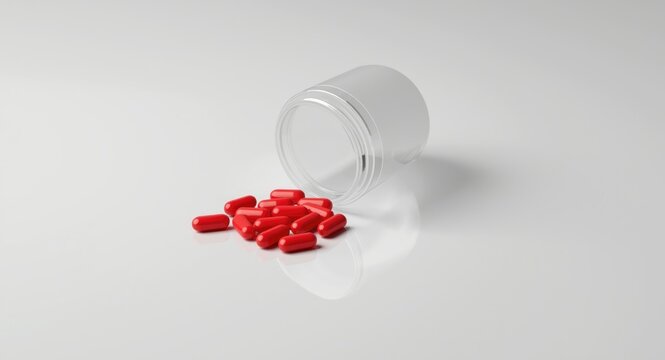 Bright red tablets alongside a clear medicine container on smooth surface