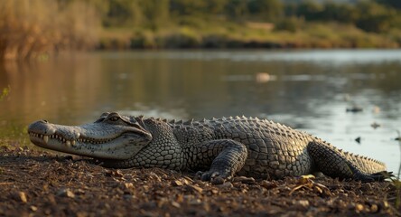 A large crocodile lying quietly by the tranquil river waters