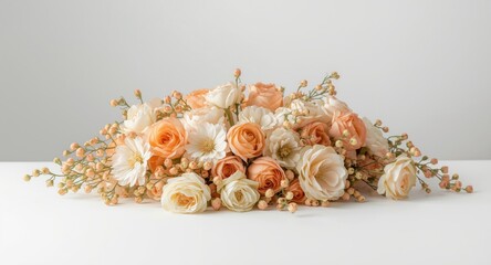 Floral arrangement of orange and white blossoms on a clean white surface with copy space