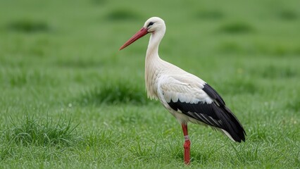 White stork stands in meadow