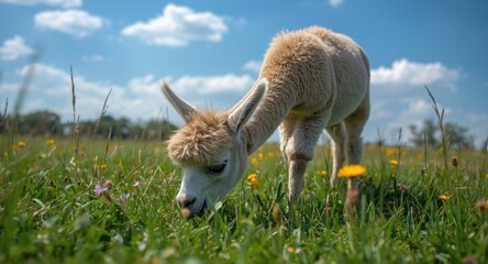 Naklejka premium Adorable young alpaca grazing peacefully in sunny meadow