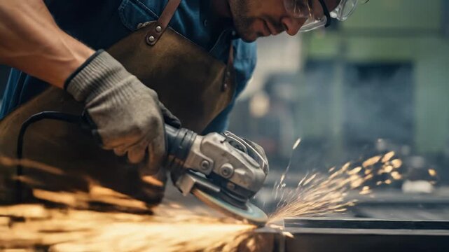 Skilled worker grinding metal with sparks flying in a factory, safety gear on