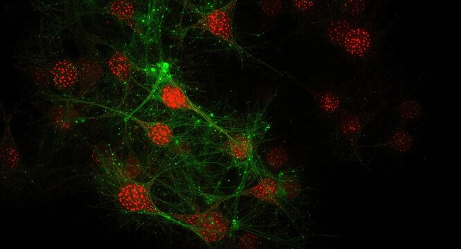 Human neuroblastoma cells with fluorescent red nuclei coupled with green microfilament staining