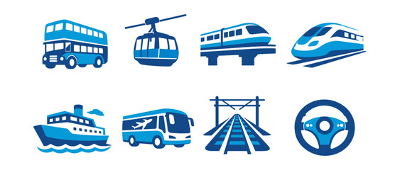 Transportation blue icons set