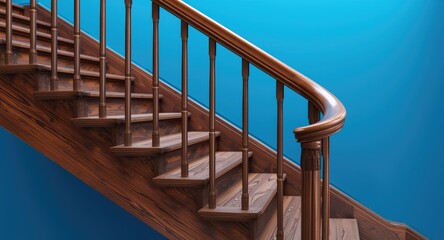 Fototapeta premium Detailed view of wooden staircase with metal railing and a bright blue painted wall behind