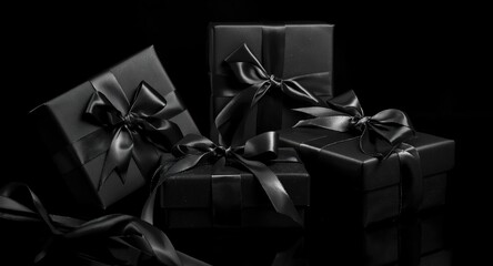 Naklejka premium Black wrapped festive gift boxes with elegant ribbon ties set against a smooth black background
