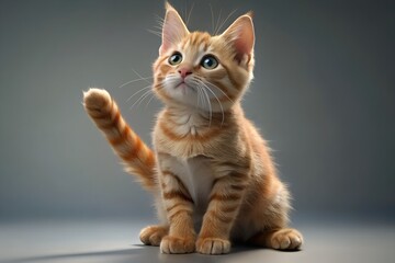 Obraz premium Cute Orange Tabby Kitten Raising Paw and Looking Up – Studio Portrait