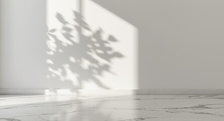 Fototapeta premium Blurred foliage shadow silhouette on light wall combined with marble floor background for presentation