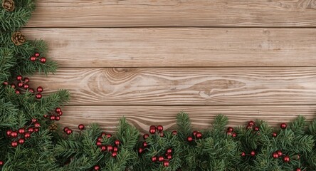 Naklejka premium Handcrafted Christmas garland draped over natural rustic wood background with space