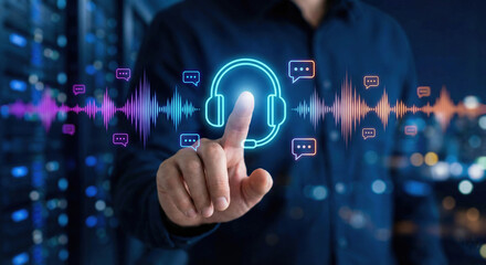 A finger touching a glowing headset icon, floating digital audio waves and message symbols