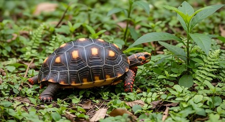 Red footed tortoise walking through tropical undergrowth