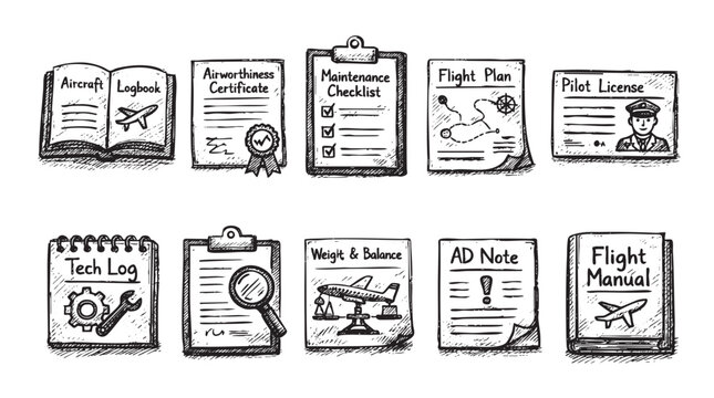 Hand-drawn style illustration of essential aviation documents including a logbook, pilot license, checklists, and manual. Use for aviation, education, training, or safety related designs.