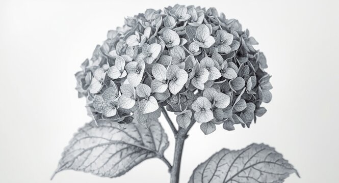 Detailed line art hydrangea botanical drawing with floral precision