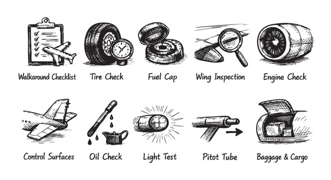 Hand-drawn illustration depicting various pre-flight checks for an aircraft. Includes engine, tires, and control surface inspection. Great for aviation education, safety manuals, and aviation content.