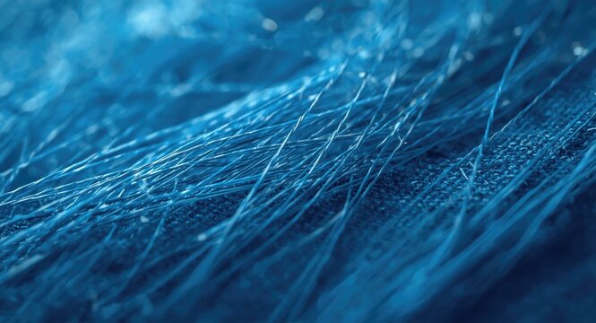 Close up macro view of fine blue thread on fabric surface suitable for website backdrop