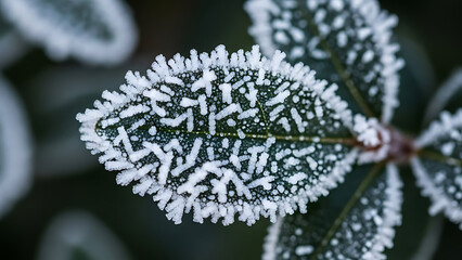 Frozen leaf covered in white frost.