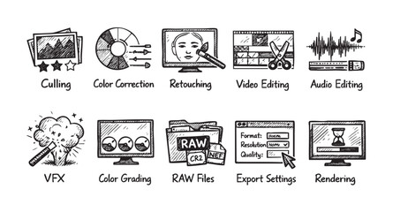 Obraz premium Hand drawn icons representing image and video post production processes: culling, color correction, retouching, video editing, audio editing, VFX, and rendering.