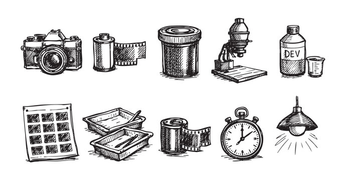 Sketch illustration of vintage photographic darkroom equipment. Nostalgic, artistic and ideal for illustrating articles about analog photography and creative hobbies.