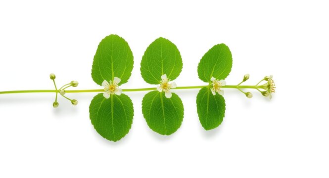 Bright Bacopa monnieri leaves with delicate Brahmi blossoms set on a white background evoking a sense of natural peace