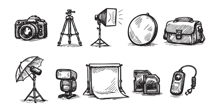 Sketch of Photographer's Equipment Set on White Background