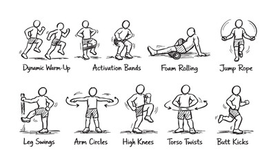 Fototapeta premium Hand-drawn style illustrations depicting a variety of exercises: dynamic warm-up, activation bands, foam rolling, jump rope, leg swings, arm circles, high knees, torso twists, butt kicks.