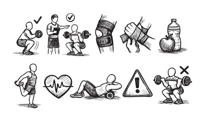 Fototapeta premium Hand drawn vector illustrations of fitness, training, diet and safety. Includes squats, stretching, foam roller, wraps, warnings, trainer, and nutrition.