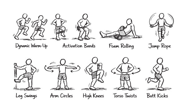 Hand-drawn style illustrations depicting a variety of exercises: dynamic warm-up, activation bands, foam rolling, jump rope, leg swings, arm circles, high knees, torso twists, butt kicks.