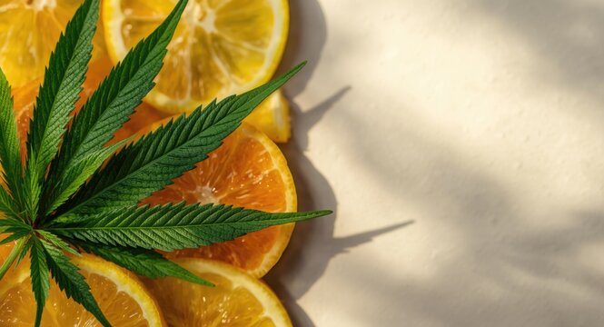 Fresh cannabis leaves paired with citrus fruit slices illustrating terpene limonene presence on plain neutral backdrop