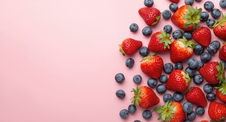 Arrangement of strawberries and blueberries on a soft rose pink backdrop with copy space