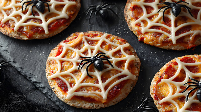 Playful Halloween snack idea with spider web pizza using string cheese presented on a black slate plate