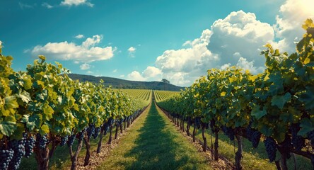 Naklejka premium Lush vineyard terrain presenting rows of thriving grape plants amid gentle slopes and blue sky