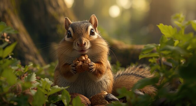 Happy chipmunk filling cheeks with food in lush surroundings