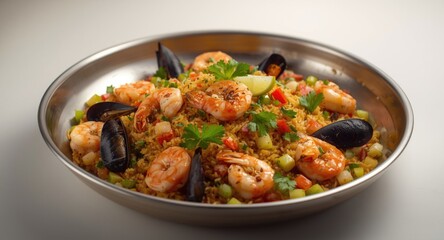 Fototapeta premium Gourmet Peruvian mixed seafood rice dish arranged in a pan with focused care