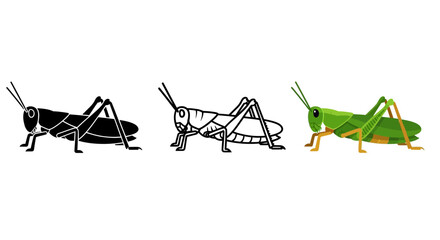 Fototapeta premium Collection of three stylized grasshopper icons featuring a detailed color illustration a black silhouette and a simple outline version for design use
