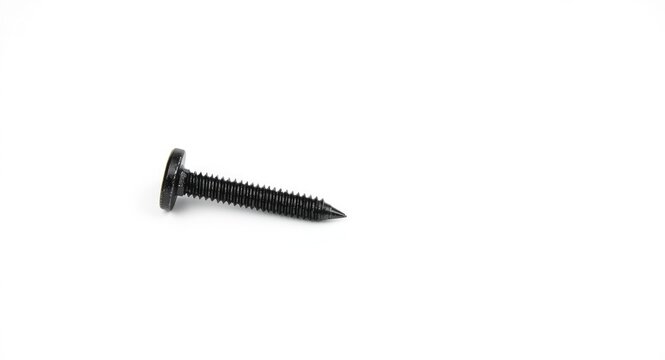 Black metal screw angled diagonally on smooth white backdrop with selvage border and copy space area