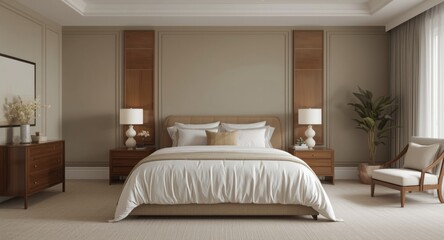 Fototapeta premium Elegant bedroom scene combining brown furniture arrangements and khaki wall color