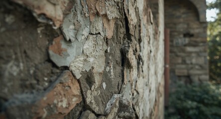 Intricate view of a building facade with paint blistering and peeling caused by weathering over years