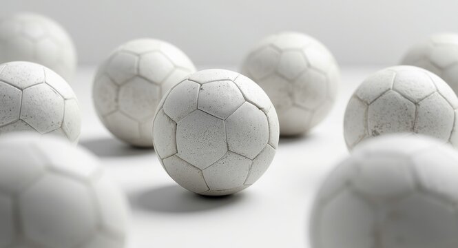 Eight soccer balls with traditional white panels arranged in diverse sizes and angled views on white background