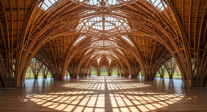 Interior of Sustainable Bamboo Architecture with Sunlight Shadows