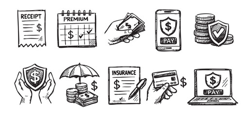 Fototapeta premium Black and white doodle icons depicting finance, money, online payments, insurance, and financial protection. Illustrations of receipts, calendars, cash, online security, and insurance policies.
