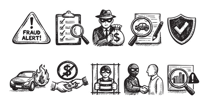 This is a sketch illustration depicting car insurance fraud, financial crime, and scams. The artwork includes a fraud alert, a thief, and handshake. Ideal for finance, insurance, and legal.