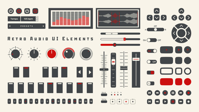 Retro Audio UI Elements &ndash; Minimal Flat Controls for DTM Plugin and Music Software Vector