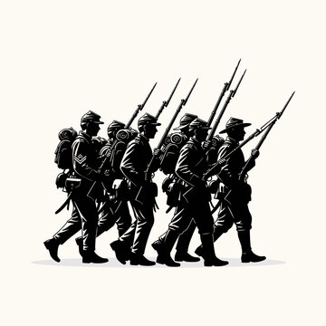 Silhouette illustration of Civil War-era soldiers marching in formation with rifles, depicting military history and discipline.