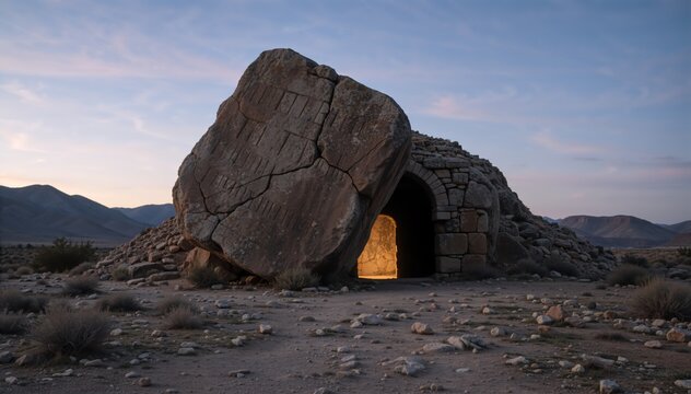 Massive stone rolled away from an ancient tomb entrance. Biblical resurrection concept in a desert landscape. Stone sepulcher with warm light glowing from within at twilight