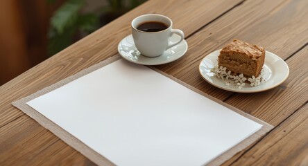 Obraz premium Cozy coffee break with cake and blank paper sheet arranged on a wooden table including copy space