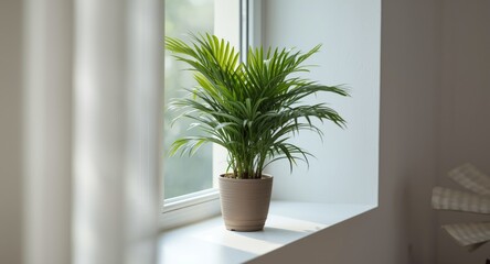 Lush potted palm on interior windowsill bringing greenery indoors