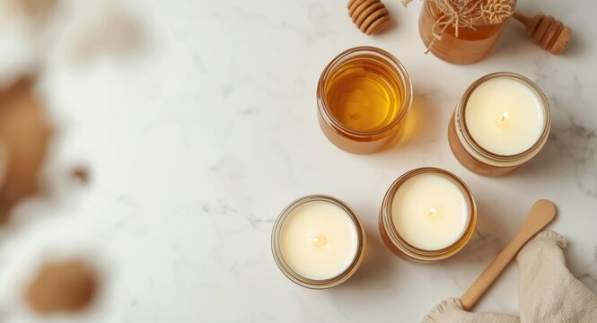 Cottage industry honey and handcrafted candles arranged on clean white surface